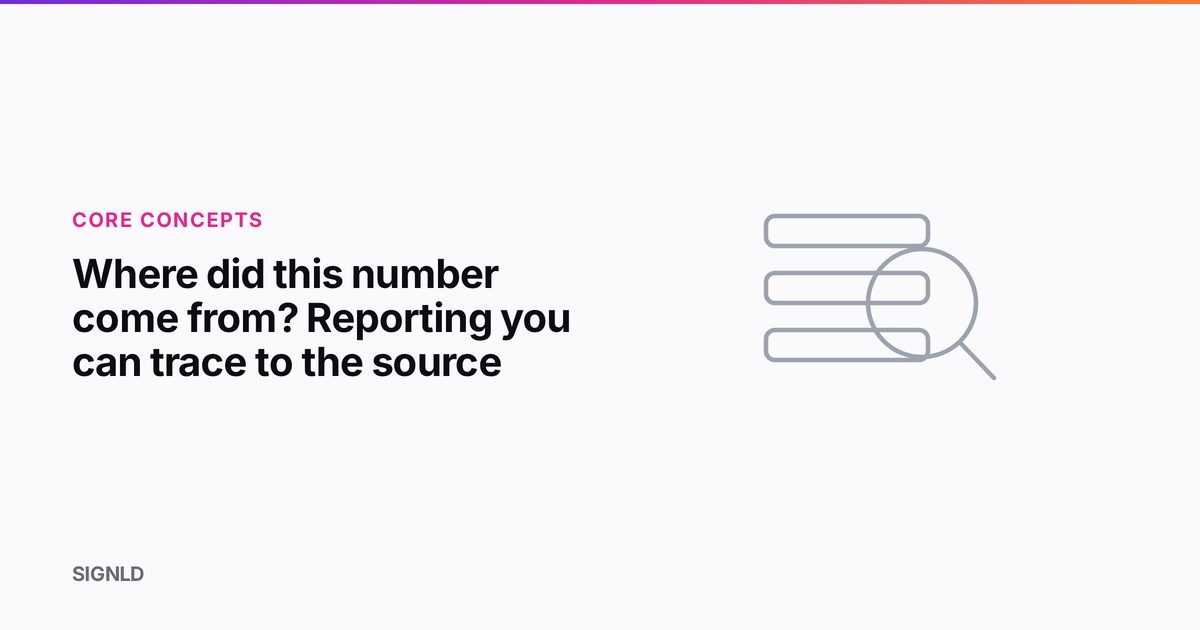 Article card with the headline on the left and a line-art drawing of a search over stacked records on the right, under the SIGNLD gradient hairline.